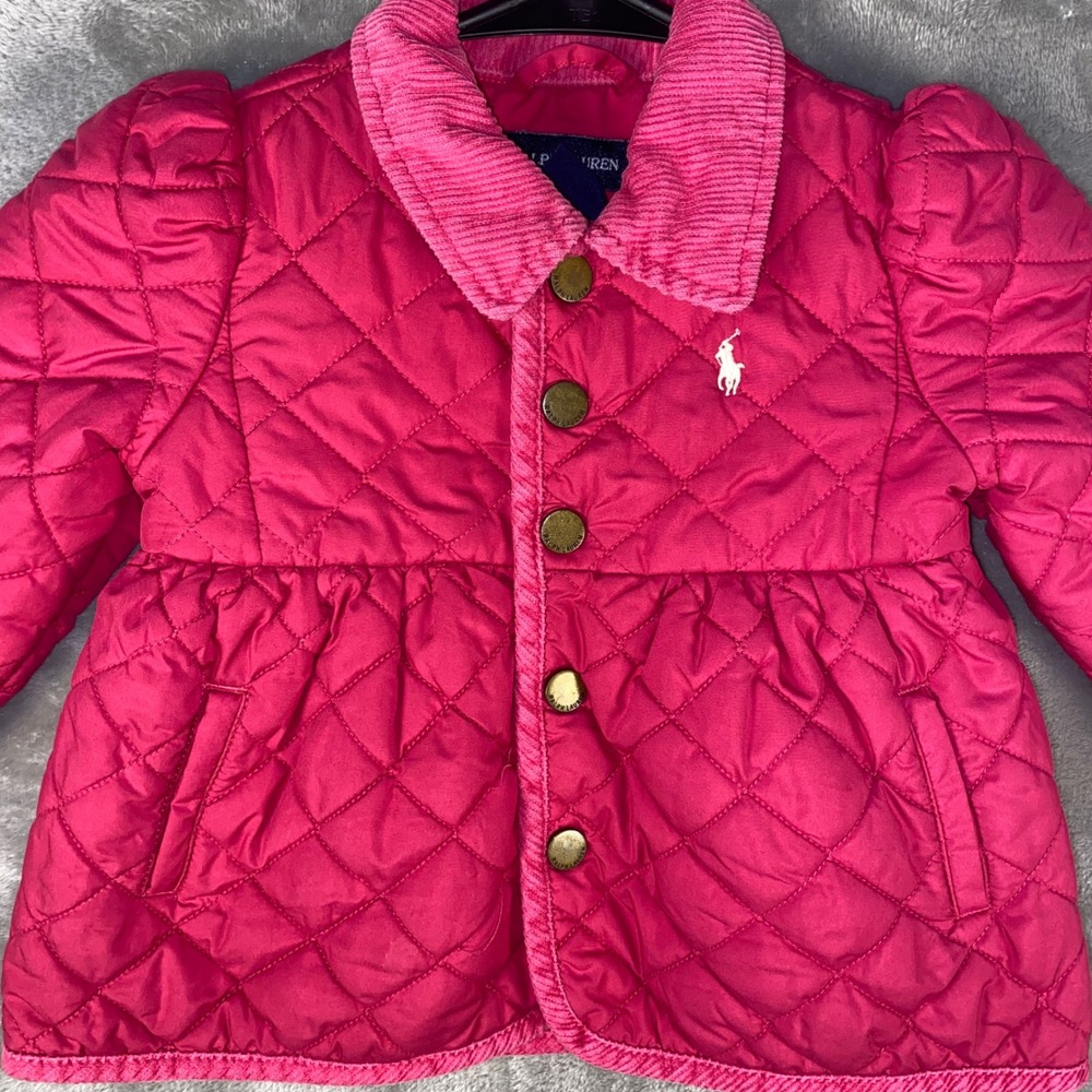 Ralph Lauren Quilted Puffer Jacket Pink Corduroy Collar Puffed Sleeves Baby 12M